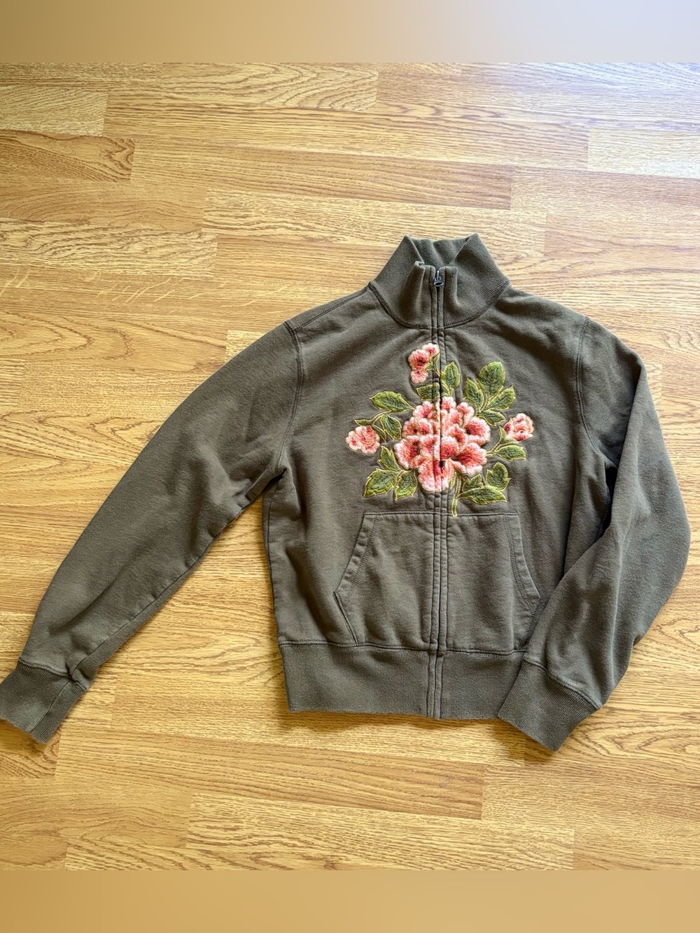 Lucky Brand Olive Green Y2K Vintage Zip-Up Hoodie Jacket Floral Embroidery Sz M